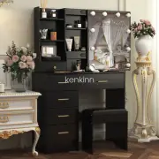 Dressing Table W/ 6 Drawers LED Mirror Set Black Makeup Desk Vanity Table Modern