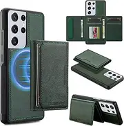 [GoshukunTech] for Samsung Galaxy S21 Ultra 5G Wallet Case with Card Holder,for Samsung S21 Ultra Magnetic Case[Detachable Card Pocket] Leather Flip Cover[Support Magsafe or Wireless Charging]-Green
