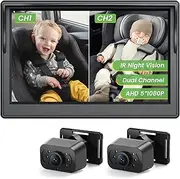 IPOZITO Car Camera for Baby Monitor for 2 Kids 5 inch Display HD 1080P Dual-Channel Baby Car Camera with IR Night Vision Adjustable Bracket Lengt Clear Wide View for Rear Facing Seat