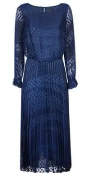 Emporio Armani Long Sleeve Textured Polka Dot Devore Dress in Blue MSRP $595