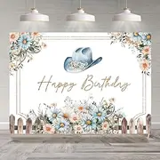 Rsuuinu Cowgirl Happy Birthday Backdrop Western Cowgirl Blue Blush Pink Floral Hat Photography Background for Girls Birthday Party Decoration Supplies Cake Table Banner Photo Booth Studio Props 7x5ft