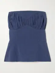 [TOVE] TOVE - Ruby Gathered Linen-blend Twill Peplum Bustier Top - Navy - FR 38 FR 38 Blue