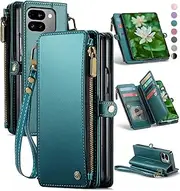 [Defencase] Compatible with Pixel 9 Pro Fold Case Wallet with RFID Blocking Card Holder & Pen Holder PU Leather Magnetic Snap Flip Zipper Strap Phone Case Fit for Google Pixel 9 Pro Fold, Blue Green