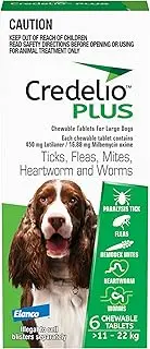 Credelio PLUS Dog Flea and Tick Treatment, Six Pack, Ticks, Fleas, Mites, Heartworm & Worms Parasite Protection, in the Smallest Monthly Chewable Tablet for Dogs > 11 - 22 kg, 6 Pack