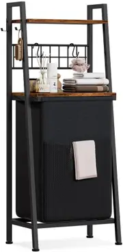 2-Tier Laundry Hamper with Wood Shelf and Hooks