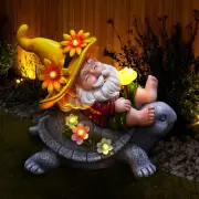 Garden Gnomes Outdoor Decor - Funny Sunflower Gnome Sitting on Turtle with Solar