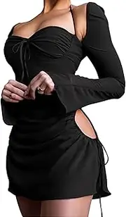 [hibshaby] Long Puff Sleeve Mini Bodycon Dress Sheer Mesh Split Hem Party Club Short Dresses