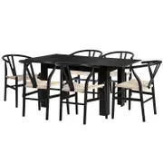 Oikiture 160cm Extendable Dining Table with 6x Hans Wegner Dining Chairs Black