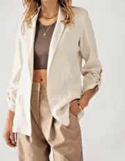 Linen Open Front Blazer, Roll Tab Sleeves in Spring Natural/ Size Small