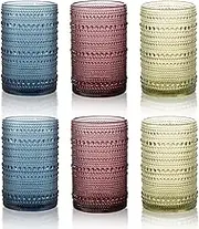 Hobnail Drinking Glasses, 2 Green & 2 Blue & 2 Pink for Highball Glasses 13 Oz, Embossed Old Fashioned Glassware