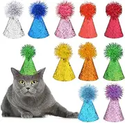 10 Packs Multi-Color Cat Birthday Hat Cute Dog Party Hats with Pom Poms Glitter Adjustable Mini Dog Birthday Party Hats for Kittens Rabbits Dogs Stuffed Animals Party Grooming Supplies
