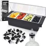 Esatto Bar Products Condiment Holder for Serving Container Chilled Garnish Tray with Lid for Bar Caddy, 4-1 Pint Inserts, With Added 12 Liquor Bottle Pourers, and 12 Pourer Covers