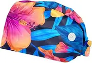 [WOSHJIUK] Working Hat 2 Pack Scrub Caps for Women,Blue Leaves Tropical Flowers,Tie Back Cap Adjustable Scrub Hat