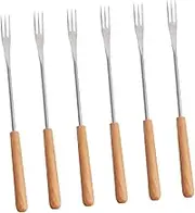 Happyyami 6Pcs Stainless Steel Fondue Fork with Wood Handle for Outdoor Barbecue Camping and Desserts Heat Insulating Kitchen Tool for Fruit and Hot Pot