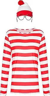 Adult Man and Woman Red and White Stripped T-shirt Wally Costome Set with Hat and Glasses