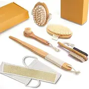 Dry Brushing Body Brush set - Wood Long Handle Back Scrubber Brush, Face Brush, Feet Brush, Massage Nodules Brush for Lymphatic Drainage, Cellulite