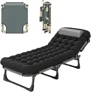 Portable Folding Adult Bed, Camp Beds for Adults with Pearl Cotton Cushion, 5 Position Oxford Cloth Guest Bed, Lawn Recliner Chair Foldable, 193 * 68 * 30cm, for Travel, Office, Home Black + Gray