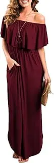 [THANTH] Womens Off The Shoulder Ruffle Party Dresses Side Split Beach Maxi Dress