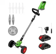 Electric Wacker 21V Cordless Weed Wacker Lightweight Edger Grass Trimmer/Lawn Edger/Mower/Brush Cutter, Weed Eater Battery Powered with 3 Types Blades and Wheels for Yard and Garden Weeder Tool