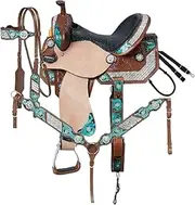 Premium Leather Western Barrel Horse Saddle Tack Set Crystal Turquoise 10" to 18" Seat