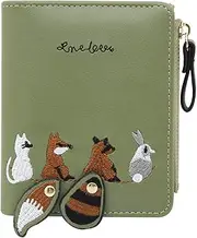 [WisePoint] Coin Purse PU Leather Purse with 9 Slots, Portable Ladies Purse with Zipped and Snap, Bifold Purses Cute Ladies Wallet with Embroidered Animal Pattern for Traveling, Working, Green, S, Animal