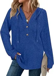 [Syphiby] Hoodies for Women Ladies Jumpers Long Sleeve Tops Drawstring Button V Neck Casual Pullover Sweatshirt Spring Autumn Winter Tunic Clothes, Royal Blue, XXL