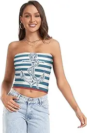[RPLIFE] Retro Nautical Anchors Stripes Tube Crop Tops for Women, Trendy Crop Tops, Sheer Tube Tops, Summer Tops (S)