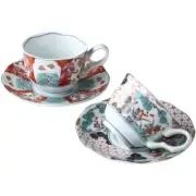 Japanese Mino Ware Some-Nishiki Koimari Style Pair Coffee Cup & Saucer Set Japan