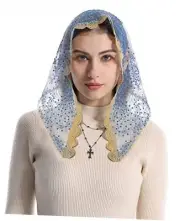 Catholic Church Mantilla Veil: Spanish Short Lace Head Covering Chapel Blue
