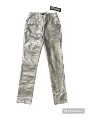 River Island NWT Womens Size 2 Silver Pleather Straight Leg Disco Pants Metallic
