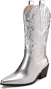 [Dsevht] Women's Metallic Cowboy Boots Pointed Toe Mid Calf Embroidered Block Chunky Heel in Pink Silver Green Gold
