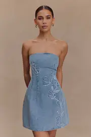 Akira Embroidered Denim Mini Dress - Mid Blue