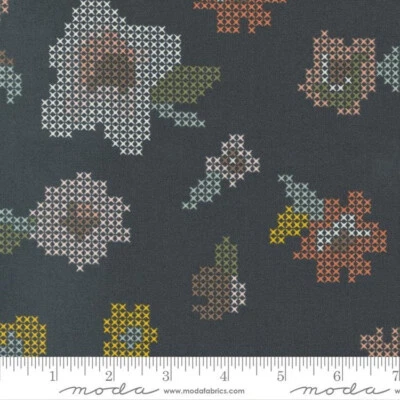 Moda Fabric - Dawn On The Prairie - Charcoal Ni - Cross Stitch Florals - Sold by