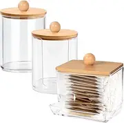 Cotton Buds Storage Set, Acrylic Cotton Pad Dispenser with Bamboo Lids, Organiser for Make-Up, Ideal for Cotton Pads, Cotton Buds & More, Accessories for Dressing Table and Bathroom