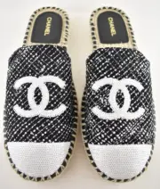 Chanel 24P Black Tweed White Sequin CC Logo Backless Espadrille Slide Flat 39