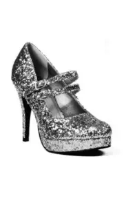 ADULT WOMENS SILVER GLITTER RETRO JANE DISCO HIGH HEEL SHOES FANCY DRESS
