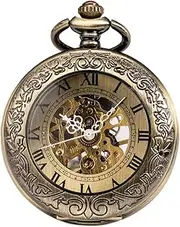 [ManChDa] Mechanical Pocket Watch, for Men Women Special Magnifier Half Hunter Double Open Engraved Case Roman Numerals with Chain + Box