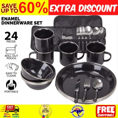 Hinterland Dinnerware Set Camping Utensils Enamel 24 Piece Dining Plate Bowl Cup