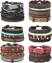 [Sanfenly] 22-32 Pcs Braided Leather Bracelet for Men Women Woven Wrist Cuff Bracelets Hemp Cords Wood Beads Ethnic Tribal Handmade Wrap Adjustable