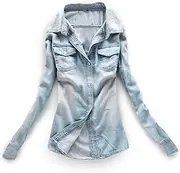 [AvaCostume] Women's Long Sleeve Double Pocket Slim-Fit Jean Denim Shirt X-Large Light Blue