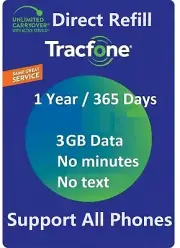 TracFone 1 Year / 365 Days Service + 3GB Data, Digital Direct Refill, All Phones