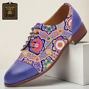 Men's Moroccan Pattern Jacquard Lace-Up Dress Shoes with Faux Leather Cap Toe, Statement Footwear for Groomsmen, Music Festivals and Elegant Gatherings