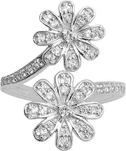 [MOONEYE] Round Brown Diamond With White Topaz Floral Ring 925 Silver Bypass Wrap Wedding Promise Ring