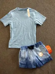 Wonder Nation Boys 2-Pck Short Sleeve T-Shirt Top + Blue Buckle Up Shorts XS 4-5