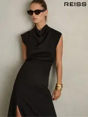 Reiss Black Harlan Twill-Jersey Draped Midi Dress (AD9444) | $395