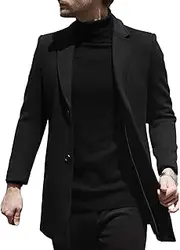 [SOMTHRON] Men's Winter Pea Coat Slim Fit Notched Lapel Single Breasted Mid Long Trench Coat Jacket Overcoat