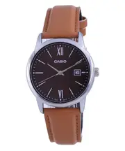 Casio Maroon Dial Leather Strap Analog Date Display MTP-V002L-5B3 Mens Watch