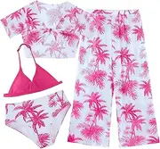 [KEOYA] Girls 4 Piece Short Sleeve Bikini Swimsuit Tropical Print Bikini Top+Bikini Shorts+Covered Pant