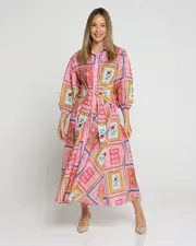 Stephanie Tie Waist Shirt Dress - Pink Picnic