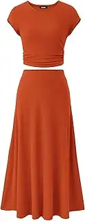 [BTFBM] Women Two Piece Skirt Set Summer 2025 Casual Vacation Crew Neck Short Sleeve Cropped Top Elastic Waist Midi Skirts